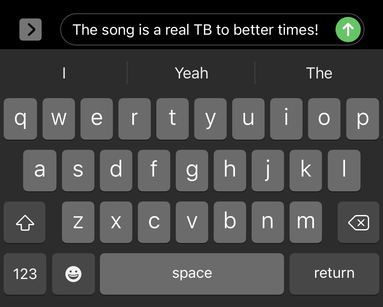 An example of the abbreviation TB in a text message.