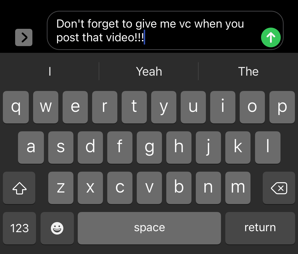 An example of the initialism VC in a text message.