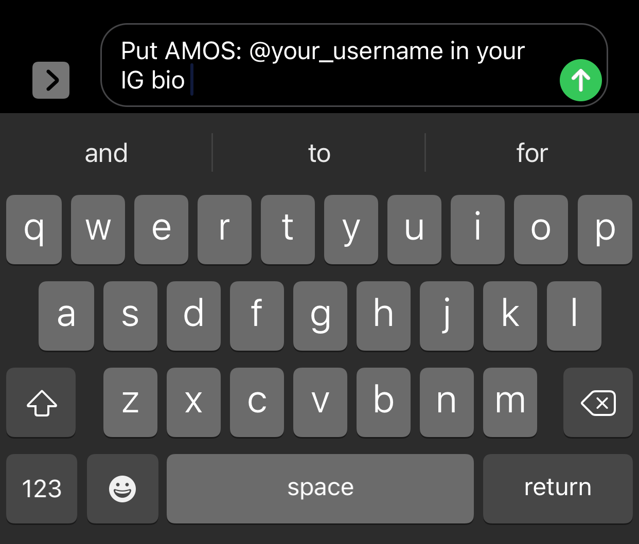 An example of the initialism AMOS in a text message.