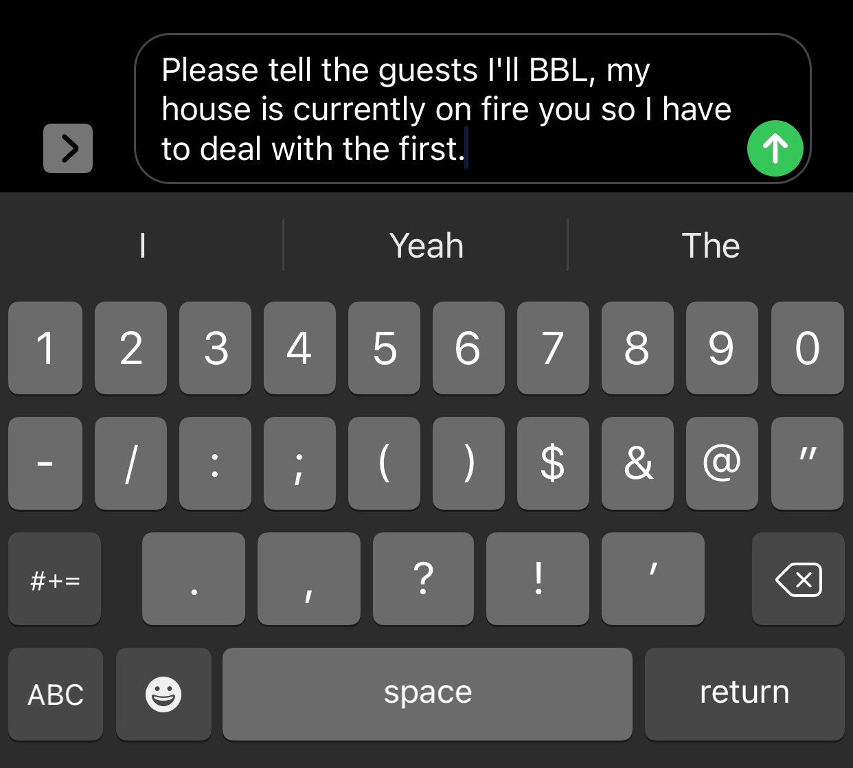 An example of the initialism BBL in a text message.