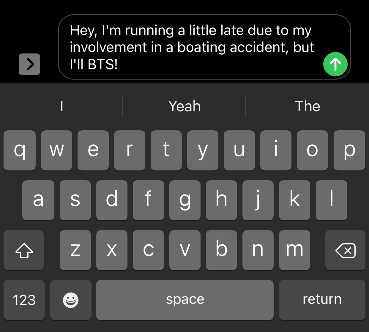 An example of the initialism BTS in a text message where it means be there soon.