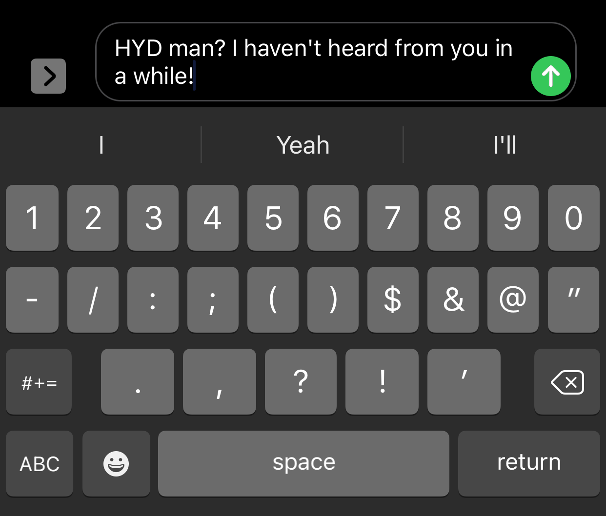 An example of the initialism HYD in a text message.