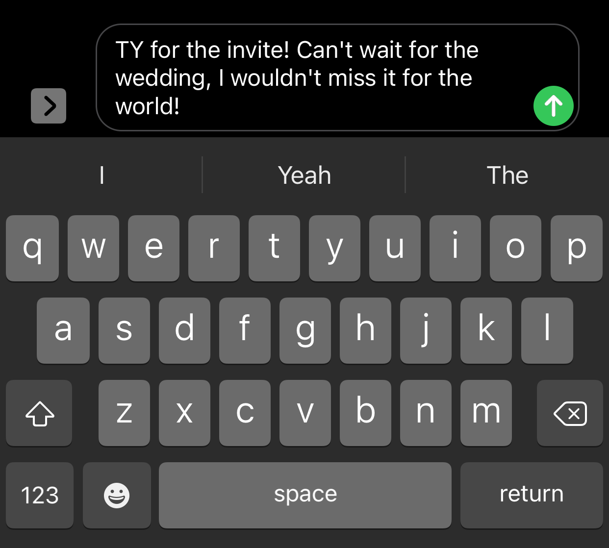 An example of the initialism TY in a text message.